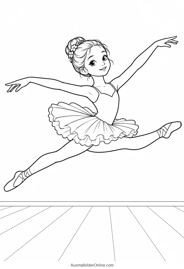 Ballerina im Tutu springt mit ausgestreckten Beinen über einen Holzboden