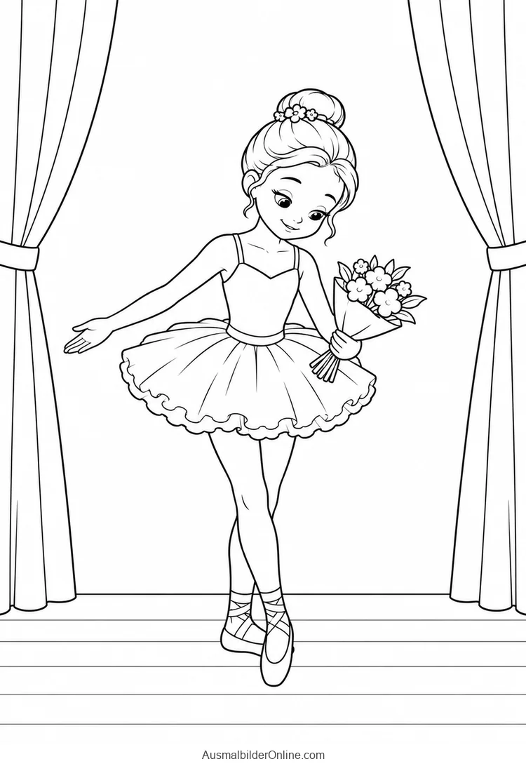 Ballerina verbeugt sich mit einem Blumenstrauß vor einem Bühnenvorhang