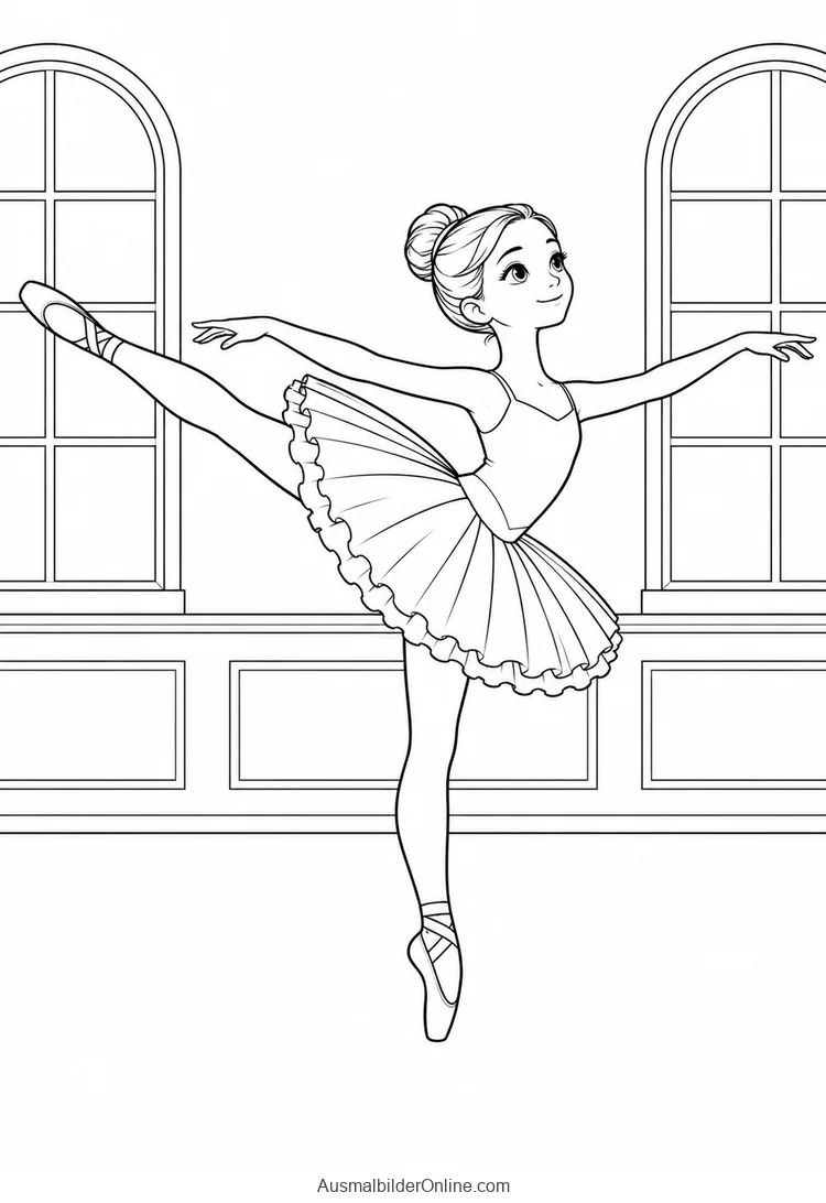 Ballerina steht auf der Spitze mit hoch nach hinten ausgestrecktem Bein