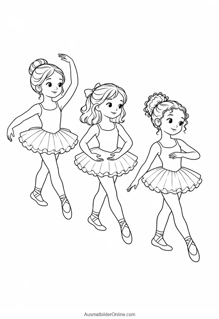 Drei Ballettschülerinnen in Tutus stehen in unterschiedlichen Tanzhaltungen
