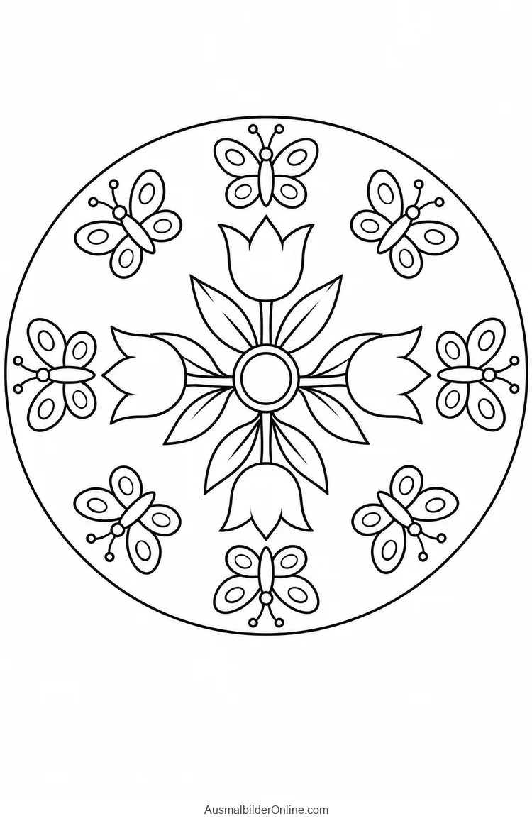 Schmetterlingsring um tulpenartige Blütenformen im Mandala