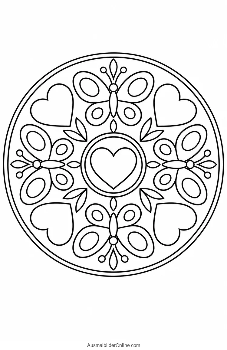 Schmetterlinge mit Herzen und Blattornamenten im Mandala