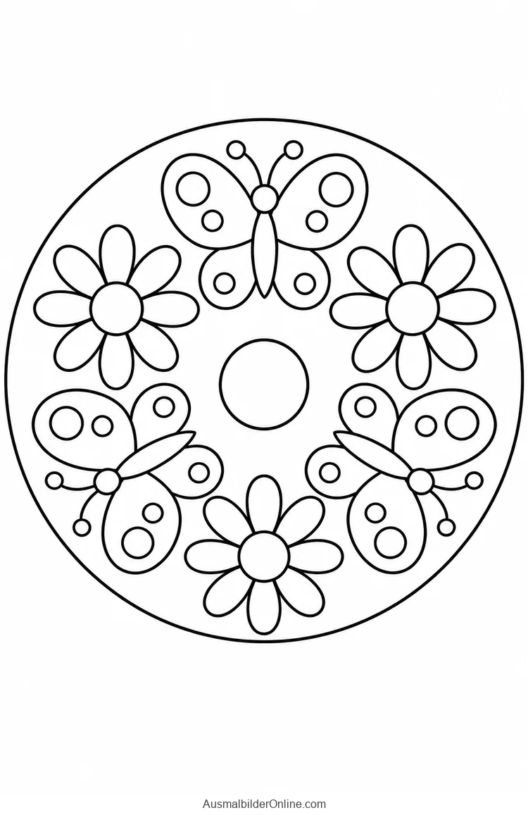 Schmetterlinge und Blumen um einen runden Mittelpunkt