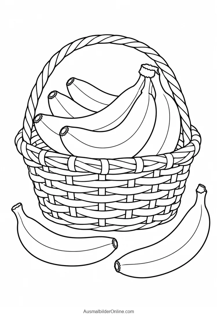 Ein geflochtener Korb mit Bananen steht hinter zwei einzelnen Bananen