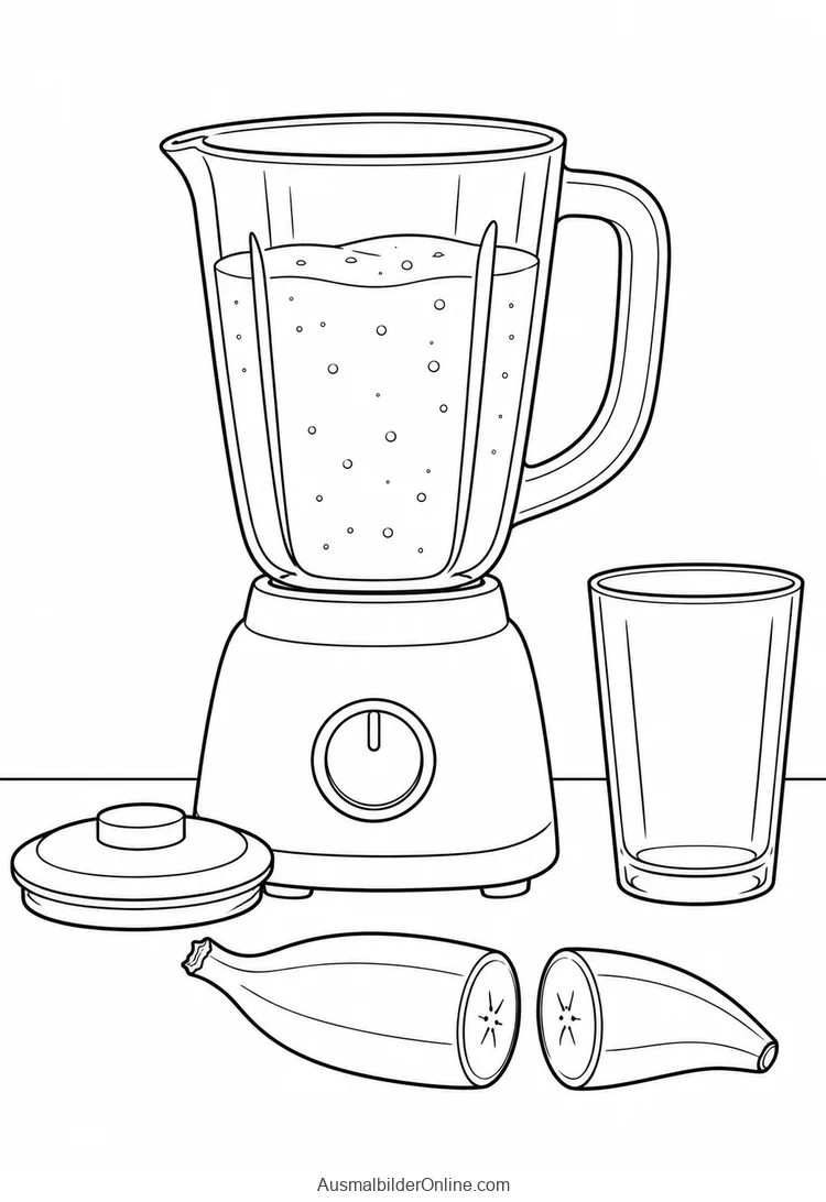 Ein Standmixer mit Getränk steht neben einem Glas und zwei Bananenstücken