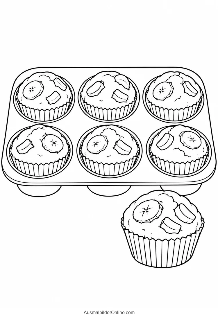 Bananenmuffins mit Fruchtstücken stehen in einer Backform und einer einzelnen Papiermanschette