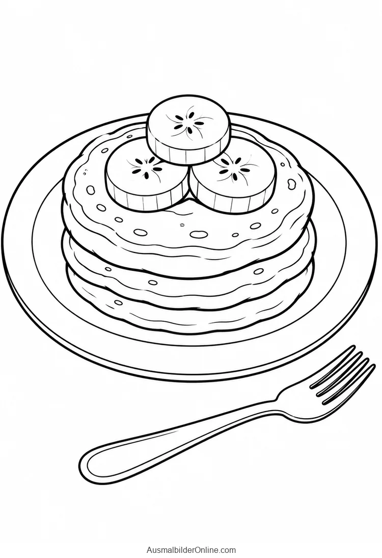 Ein Stapel kleiner Pfannkuchen mit Bananenscheiben liegt auf einem Teller neben einer Gabel