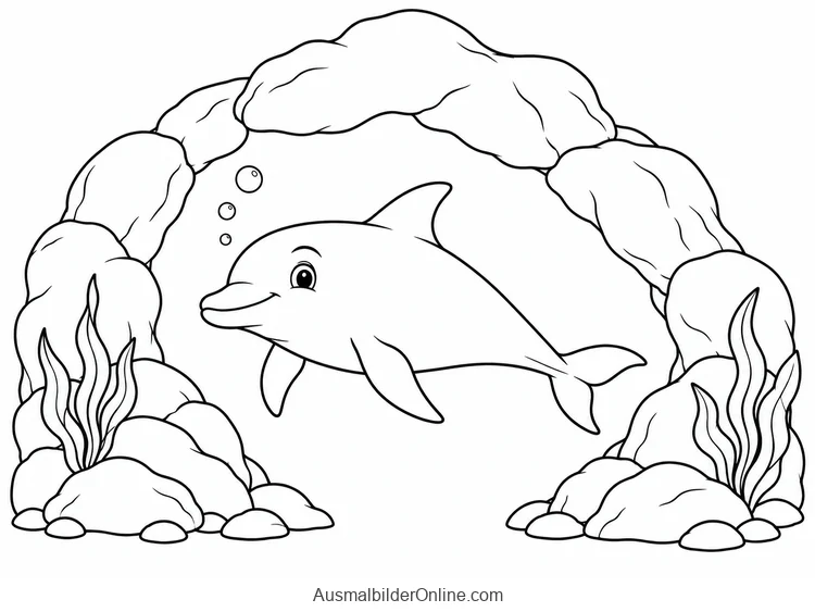 Delfin schwimmt unter einem Felsbogen zwischen Wasserpflanzen hindurch