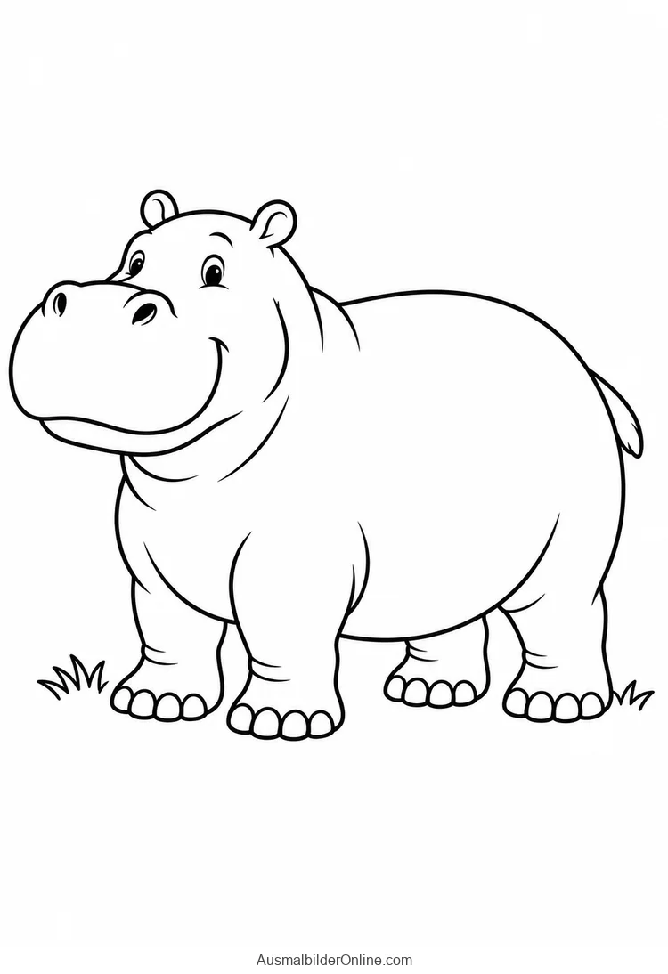 Ein Flusspferd steht auf einer kleinen Wiese.