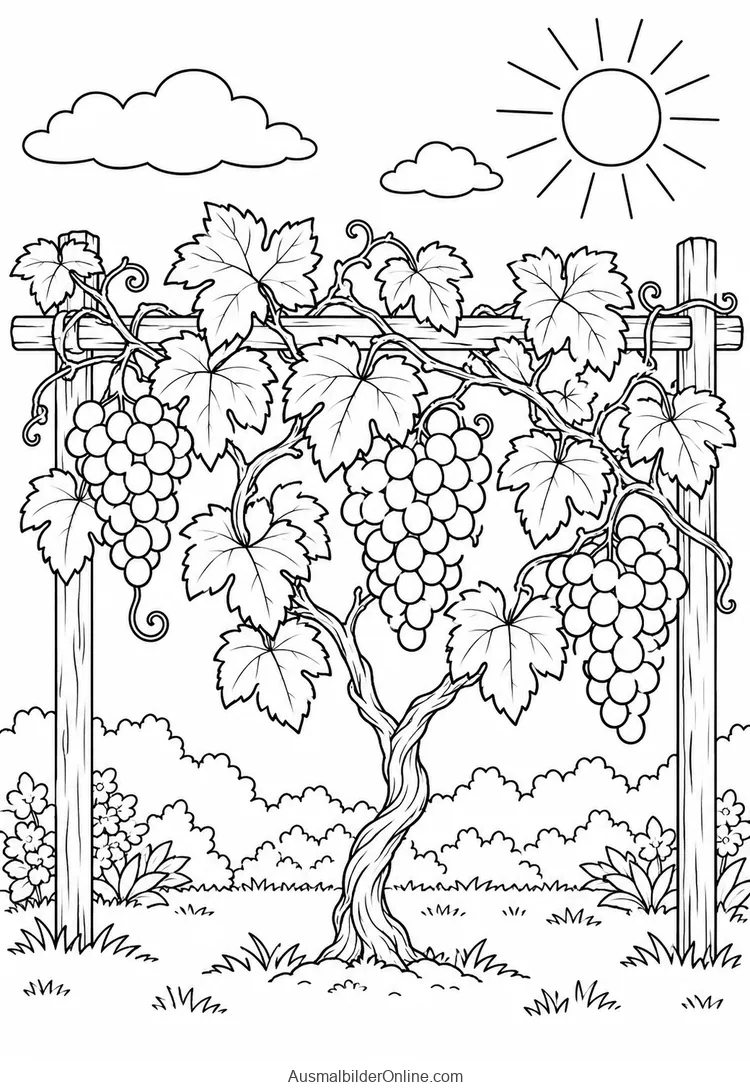 Eine Weinrebe mit Trauben und gelappten Blättern wächst an einem Holzspalier unter Sonne und Wolken