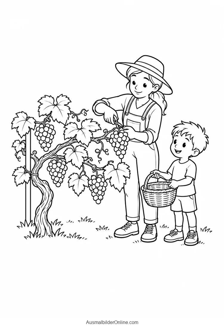 Eine Frau schneidet eine Traube von der Rebe, während ein Kind einen Korb hält