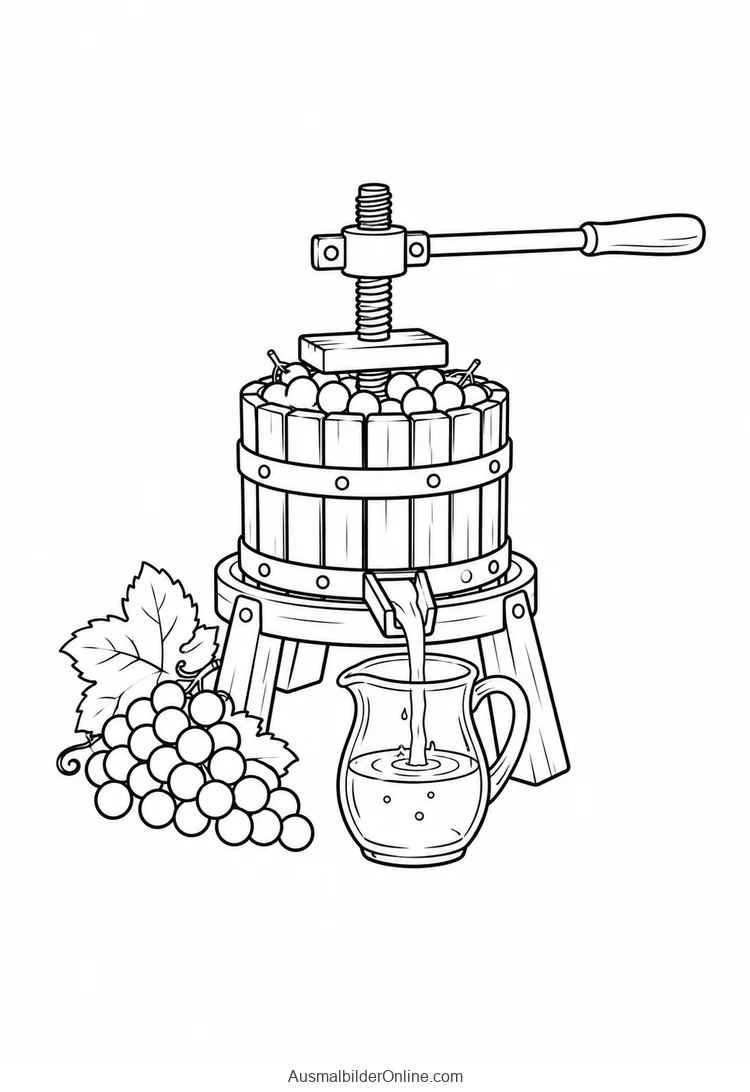 Eine vereinfachte Obstpresse gibt Traubensaft durch eine Rinne in einen Krug ab