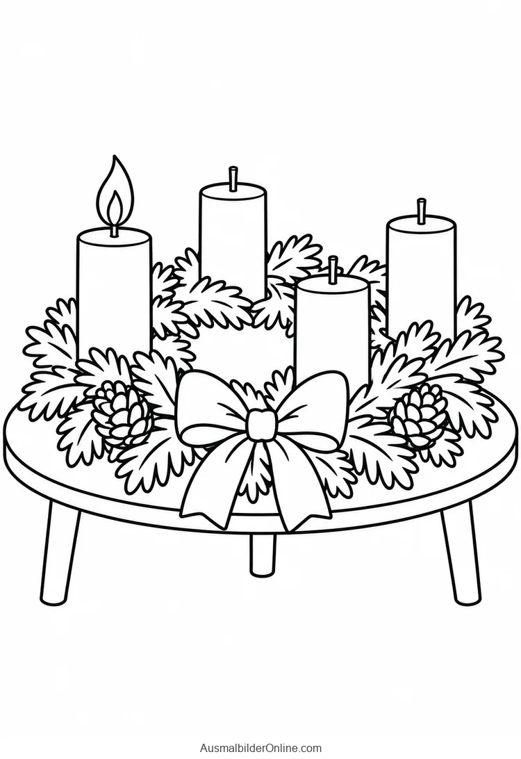 Adventskranz mit vier Kerzen, davon eine brennend, auf einem kleinen Tisch
