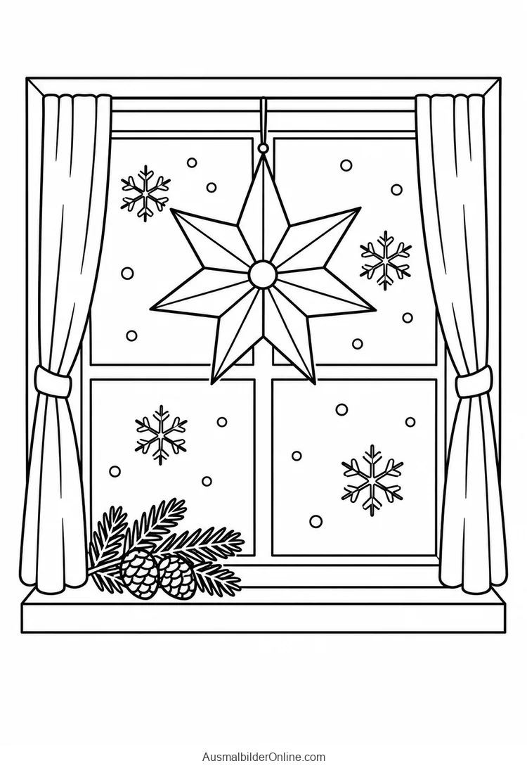 Siebenzackiger Papierstern hängt vor einem Fenster mit Schneeflocken