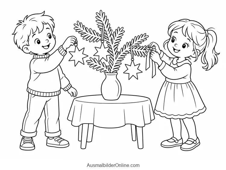 Zwei Kinder schmücken Tannenzweige in einer Vase mit Papiersternen und einer Schleife