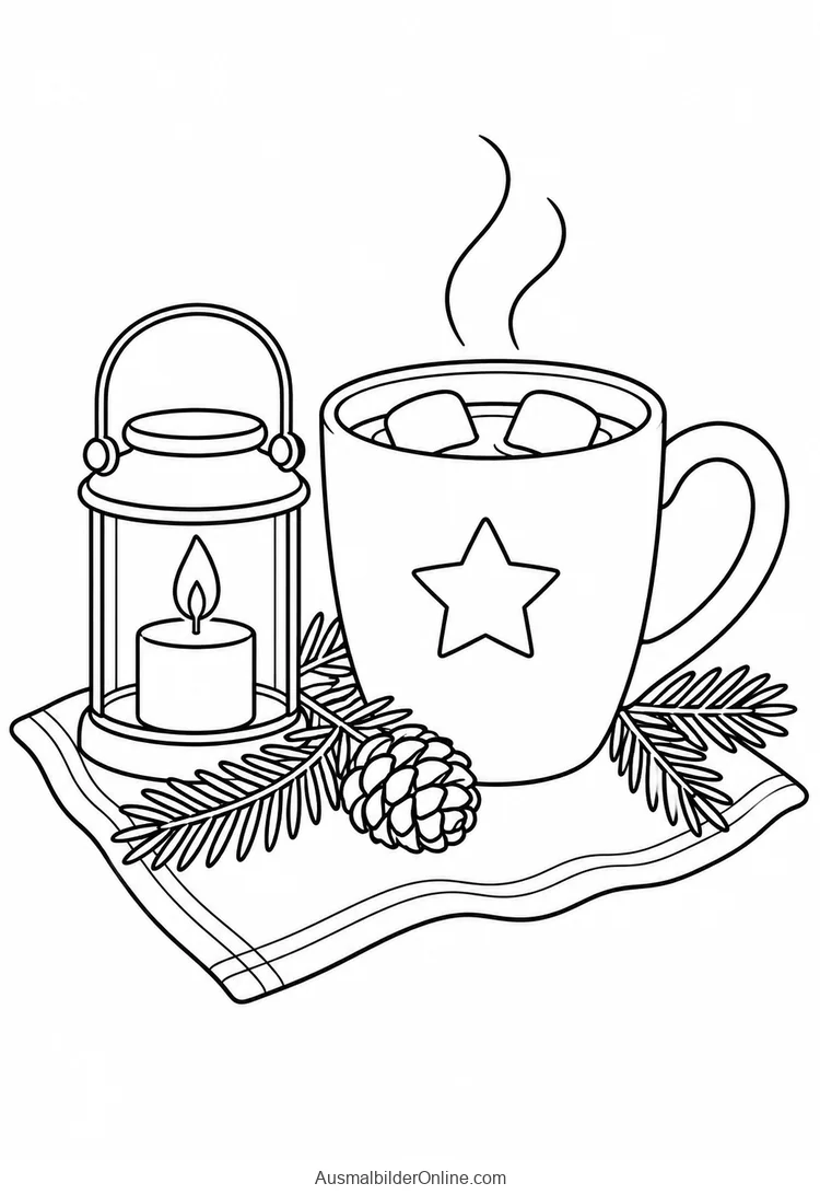Dampfende Tasse mit Stern und zwei Marshmallows neben einer Kerzenlaterne