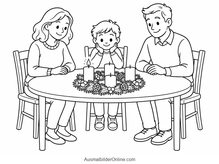 Zwei Erwachsene und ein Kind sitzen an einem Tisch mit Adventskranz und vier Kerzen