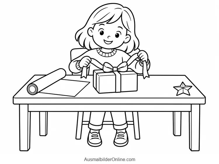 Kind bindet eine Schleife um ein Geschenk an einem Tisch mit Geschenkpapier