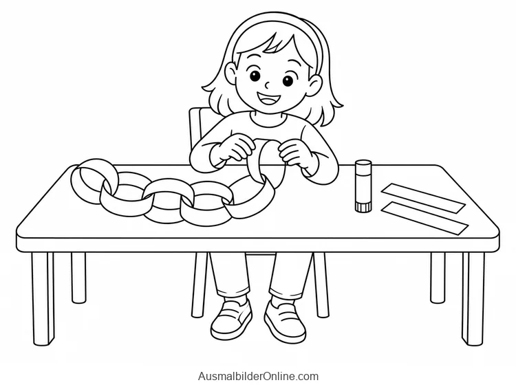 Kind bastelt eine Papierkette neben Klebestift und zwei Papierstreifen