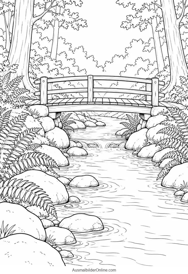Kurze Holzbrücke über einem steinigen Waldbach zwischen Farnen