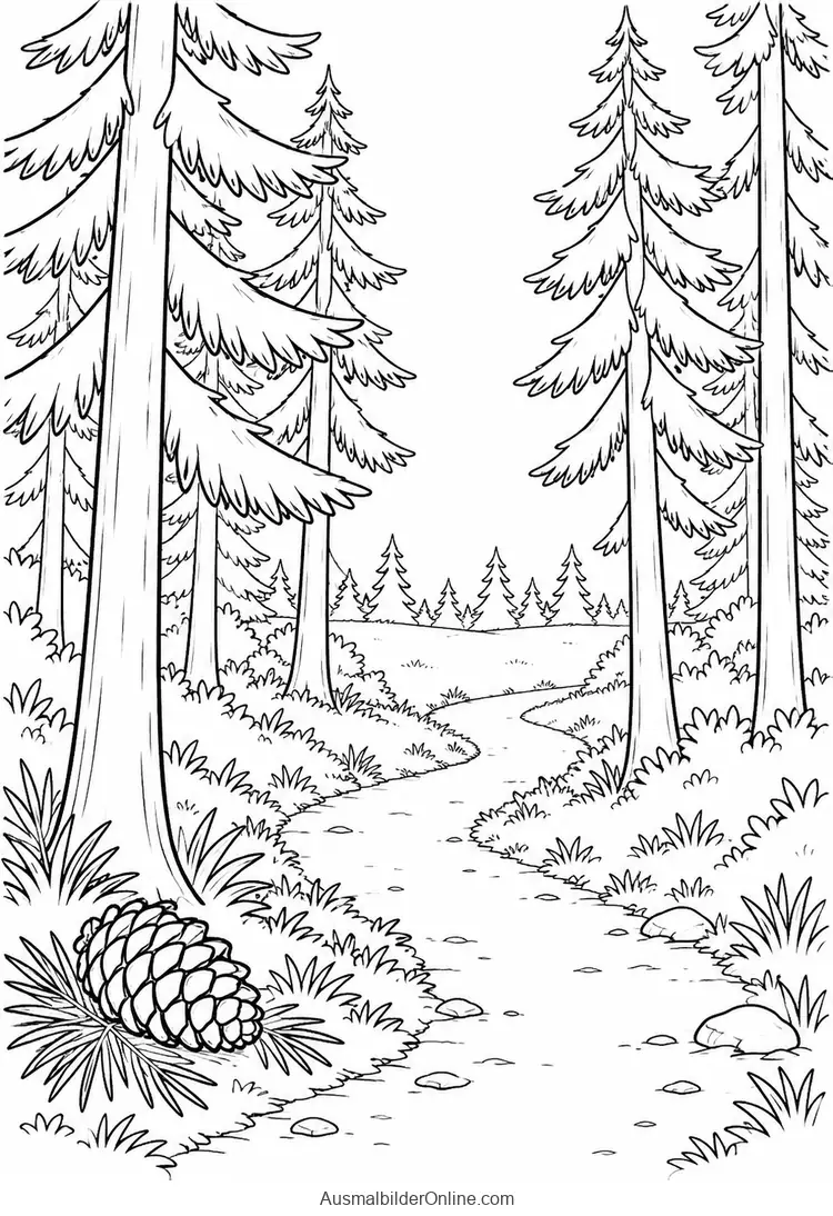 Schmaler Waldweg zwischen hohen Nadelbäumen mit Zapfen am Rand