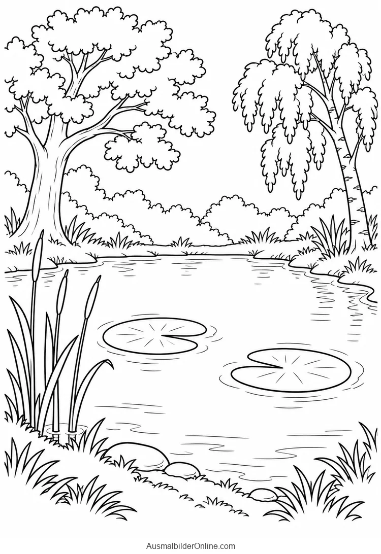 Ruhiger Waldteich mit Laubbäumen, Schilf und zwei Seerosenblättern