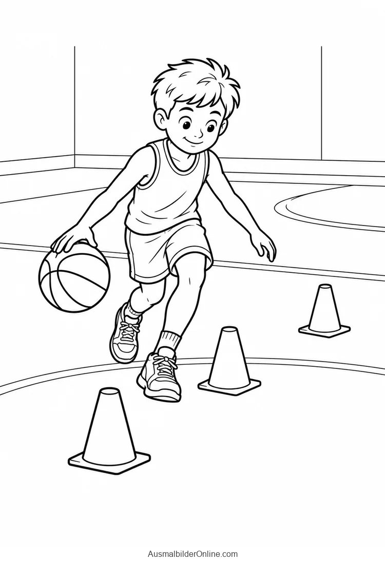 Basketballspieler dribbelt zwischen drei Kegeln in einer Halle