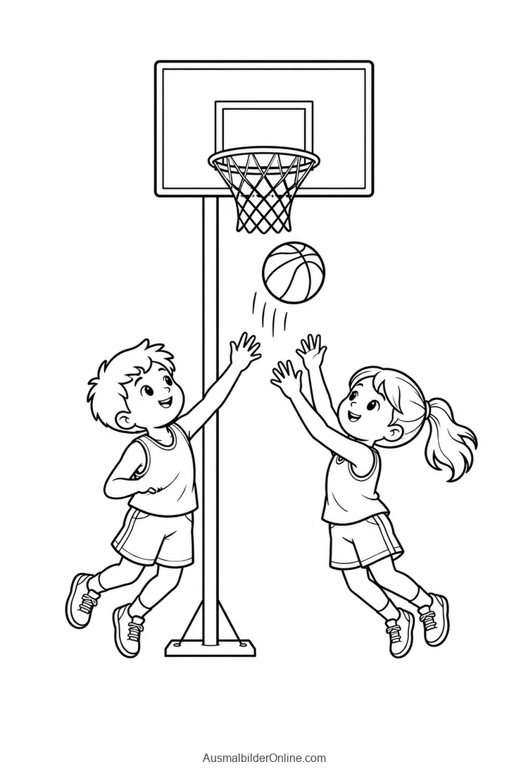 Zwei Kinder springen unter einem Basketballkorb zum Ball
