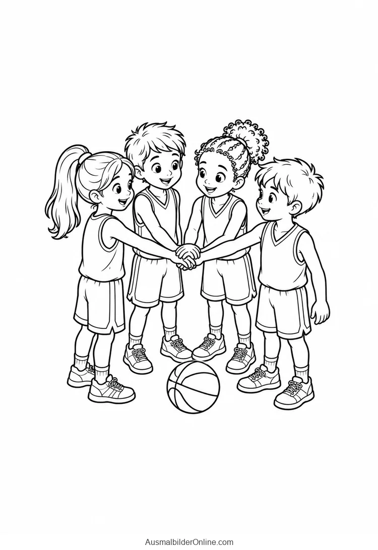 Vier Basketballkinder legen im Kreis die Hände zusammen