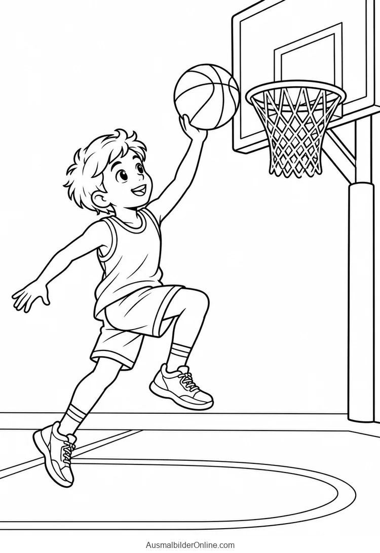 Basketballspieler hebt den Ball nah am Korb mit einem angewinkelten Bein