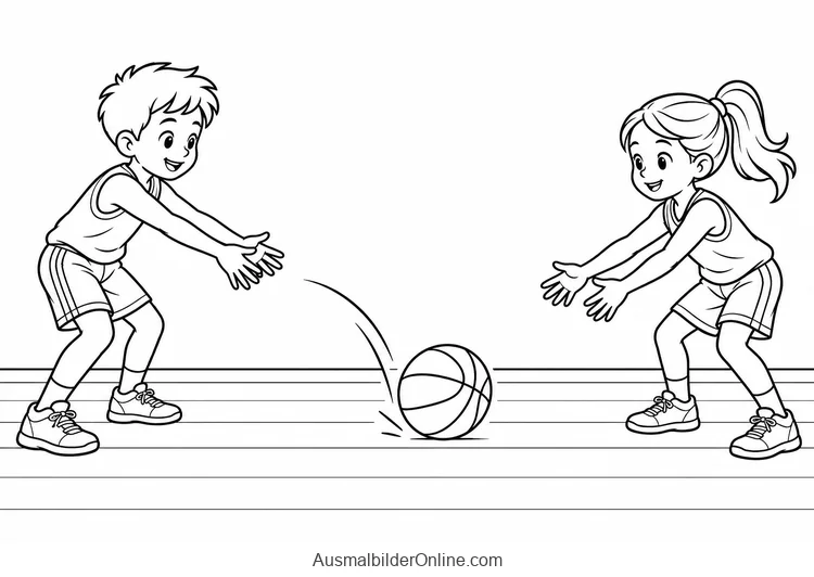 Junge passt einem Mädchen den Basketball über den Boden zu
