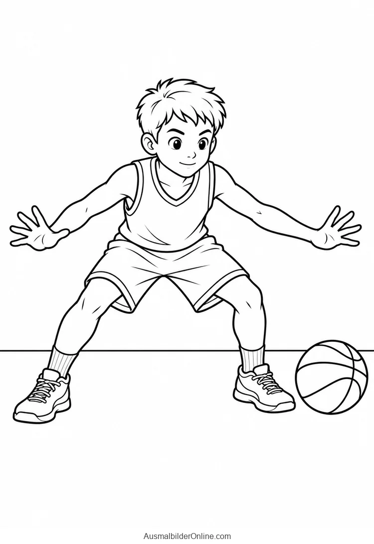 Basketballspieler steht mit gebeugten Knien und weit geöffneten Armen neben einem Ball
