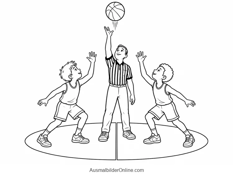Schiedsrichter wirft einen Basketball zwischen zwei Spielern im Mittelkreis hoch