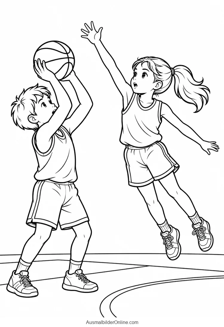 Basketballspielerin springt mit erhobenem Arm vor einem Jungen mit Ball