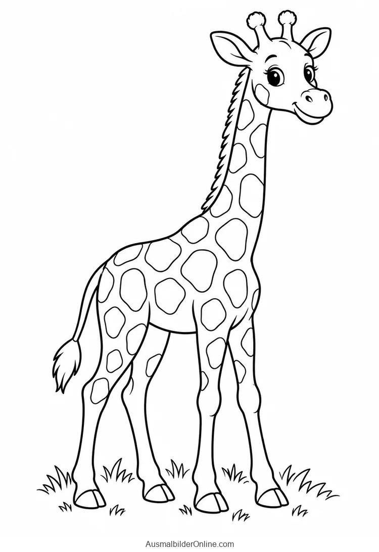 Eine junge Giraffe mit Flecken steht im Gras.