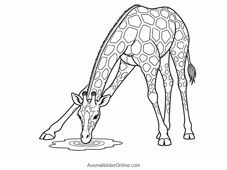 Eine Giraffe trinkt mit weit gespreizten Vorderbeinen am Wasser.