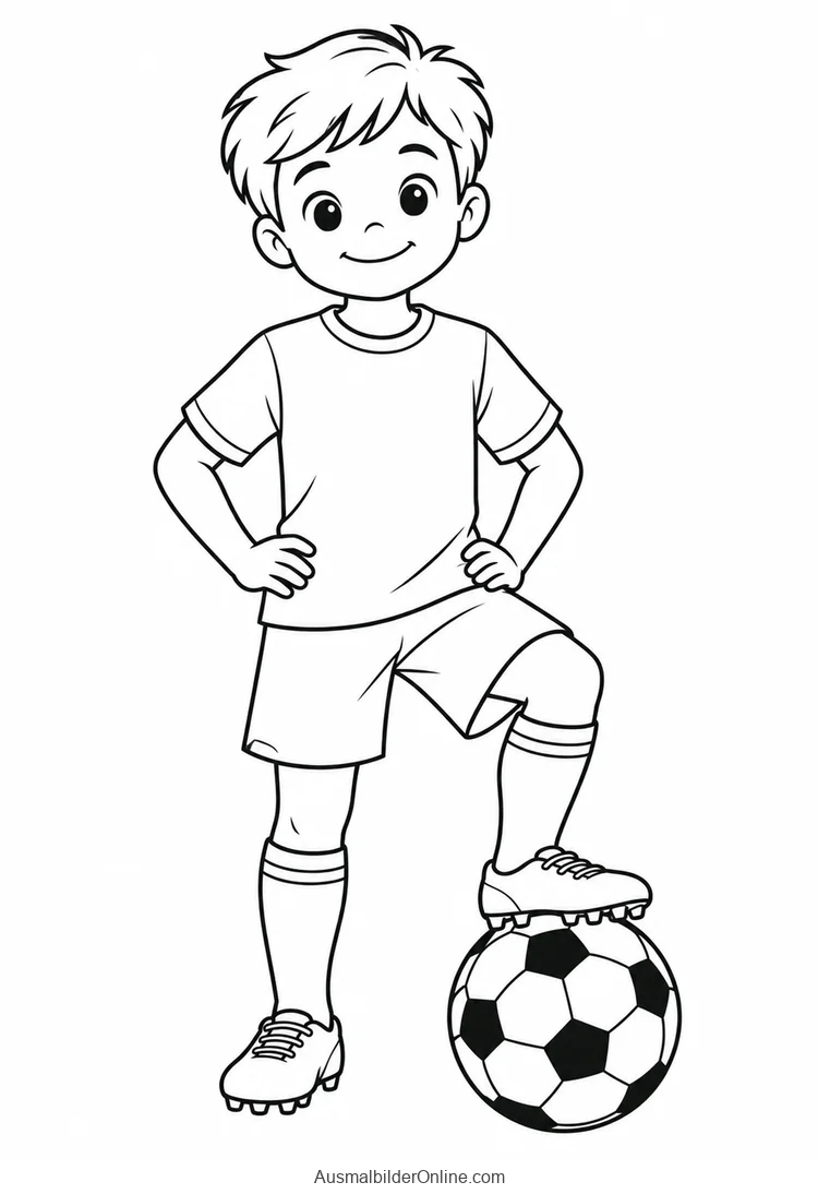Ein Junge im Fußballtrikot stellt einen Fuß auf einen Fußball