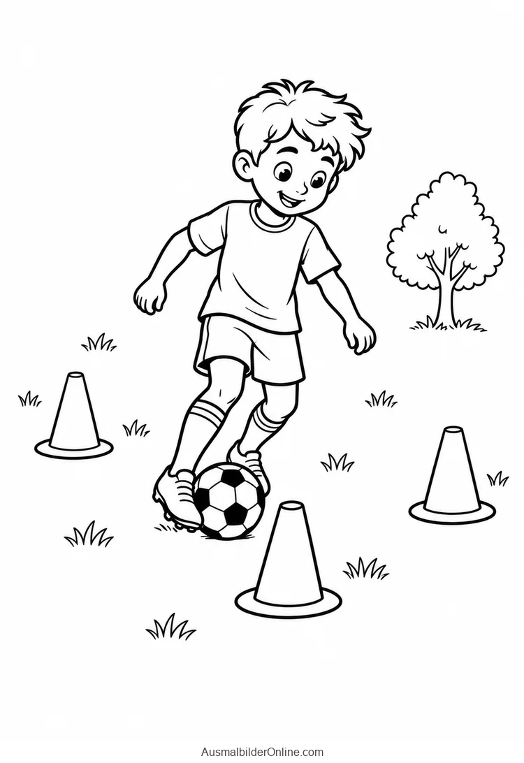 Ein Junge dribbelt einen Fußball zwischen drei Trainingshütchen