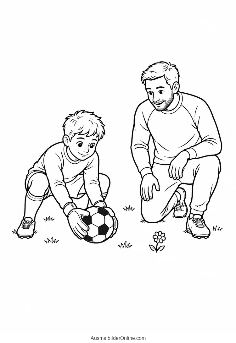 Ein Kind mit Torwarthandschuhen nimmt einen Ball am Boden auf, ein Erwachsener kniet daneben