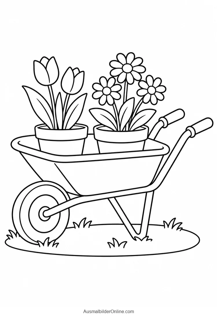 Schubkarre mit zwei Blumentöpfen, Tulpen und weiteren Blüten