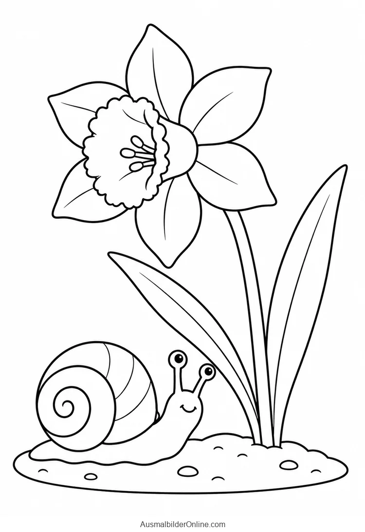 Schnecke unter einer großen Narzisse neben zwei jungen Blättern