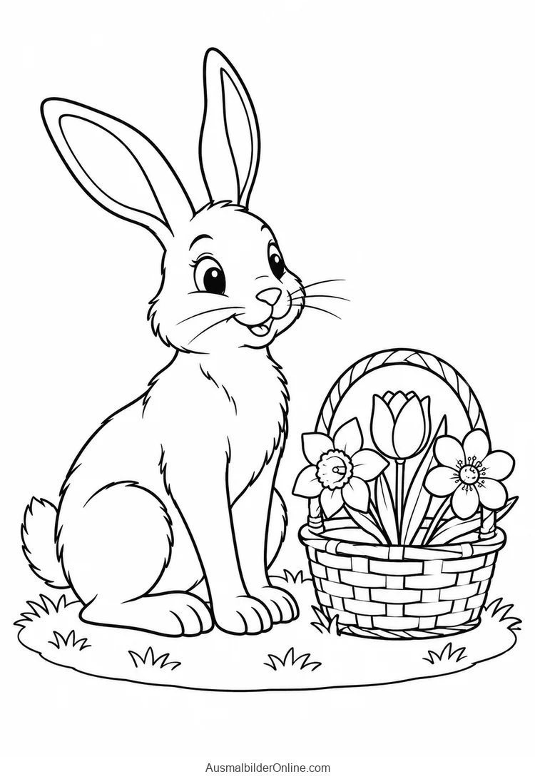 Hase sitzt neben einem geflochtenen Korb mit Frühlingsblumen