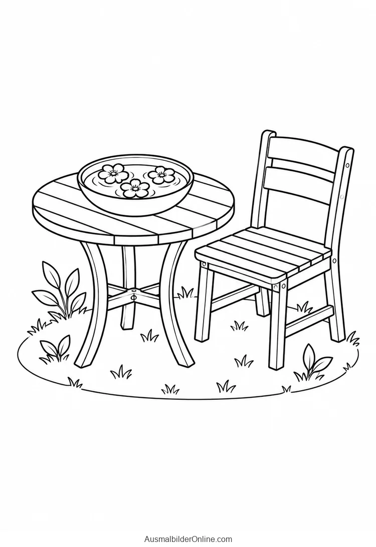 Runder Gartentisch und Holzstuhl mit einer Schale schwimmender Blüten