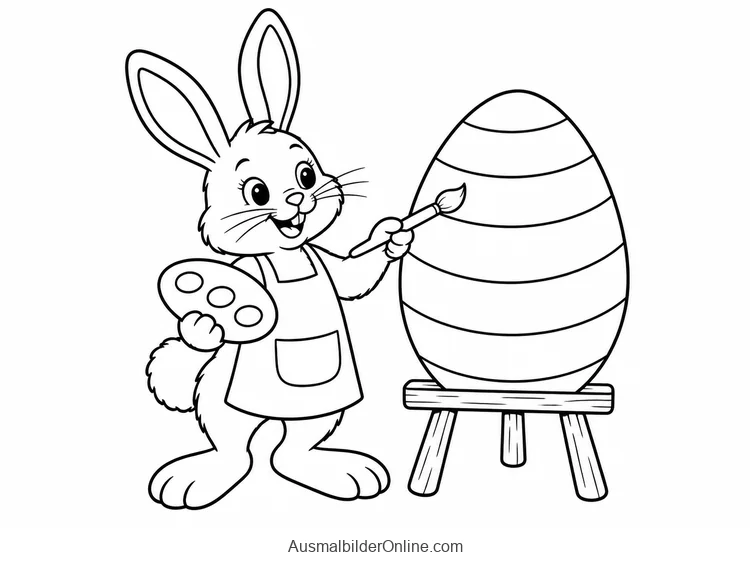 Osterhase mit Palette und Pinsel bemalt ein großes Ei auf einem Schemel