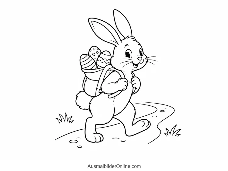 Osterhase trägt einen Rucksack mit Ostereiern auf einem gewundenen Weg