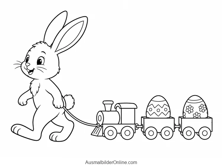 Osterhase zieht eine Spielzeugeisenbahn mit Ostereiern in zwei Wagen