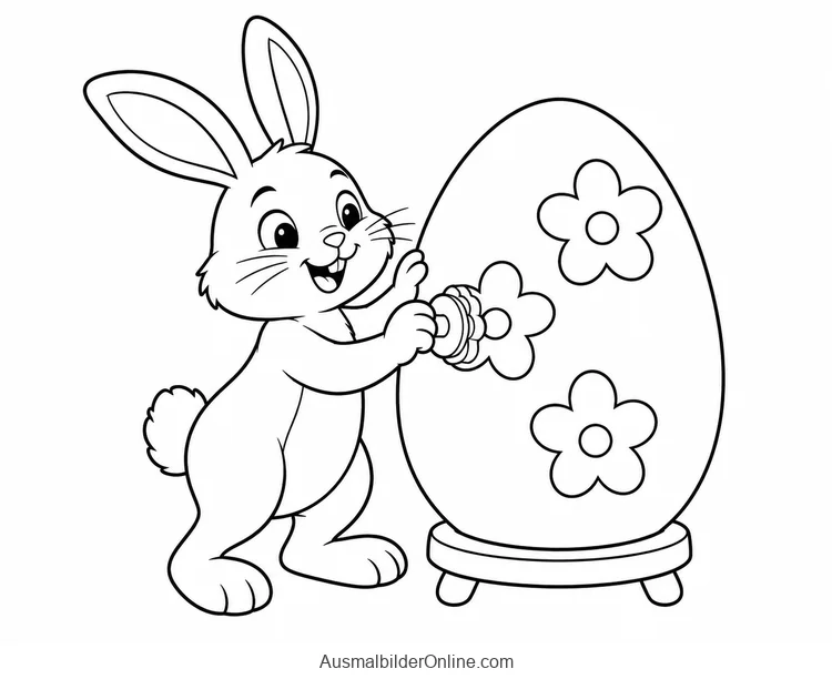 Osterhase drückt mit einem Blumenstempel Muster auf ein großes Ei
