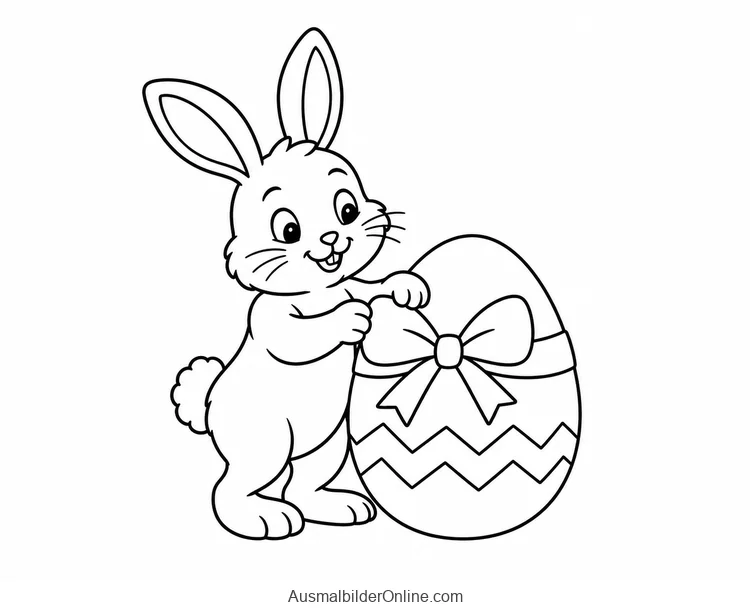 Osterhase bindet eine große Schleife um ein gemustertes Osterei