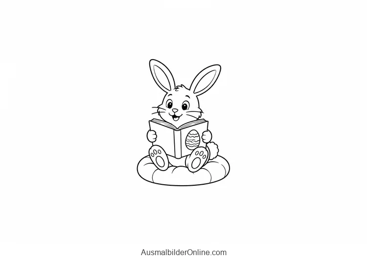 Osterhase sitzt auf einem Kissen und liest ein Buch mit Eimotiv