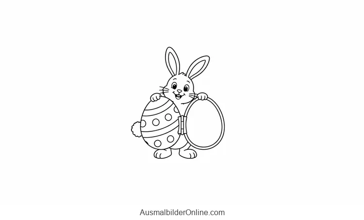 Osterhase hält ein aufgeklapptes Ei mit Scharnier und leerer Innenfläche
